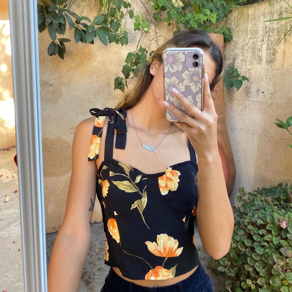 Black Floral Tie Tank Top